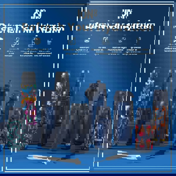 Several ION8 water bottles, in various sizes and designs, are displayed on a blue surface. Accessories are also shown. The text reads: "ION8 Refresh Your Hydration," with details on material choices, sizing, design options, and accessories.