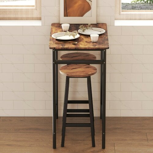 Wyld Haus Rema Set Of 2 Rustic Brown Industrial Round Bar Stools With Footrest 65cm