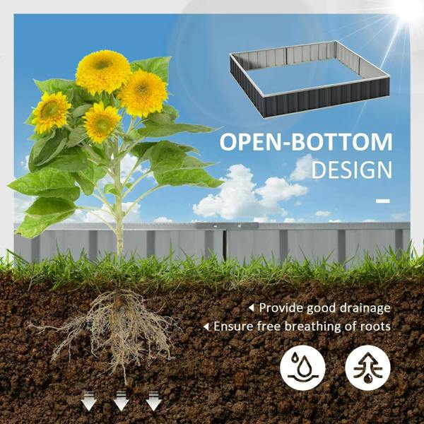 Open-bottom dark gray metal raised garden bed planter box for growing plants
