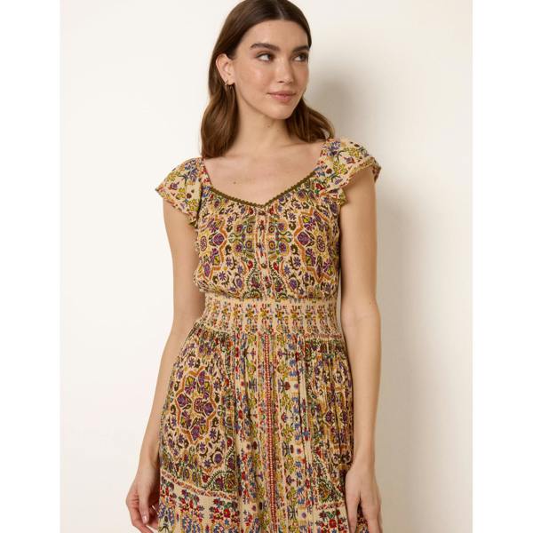 Blue Vanilla V Neck Embroidery Trim Paisley Maxi Dress