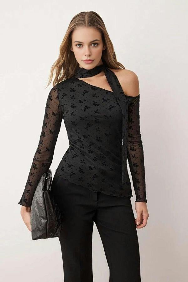 WOVCOR Floral Fitted Asymmetrical Neckline Belted Tulle Knit Blouse