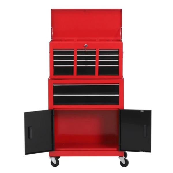 Red metal tool cabinet with open lid, three drawer bays, and side cabinet doors