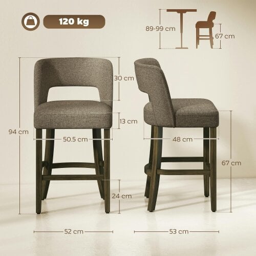 HOMCOM Bar Stools Set of 2 with Curved Backrest, Brown