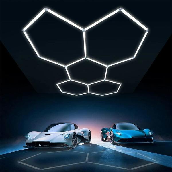Ener-J 160W Hexagon LED Garage Ceiling Light, 5 Hexagon Design, CCT Switchable 3000K–6500K, Modular Showroom Lighting