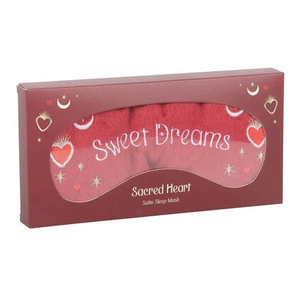 Burgundy sleep mask box with “Sweet Dreams” crescent and heart pattern