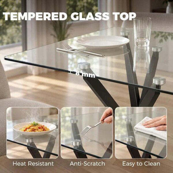 Rectangular Dining Table for 6 People, 120cm Modern Kitchen Table with Tempered Glass Top and Cross Steel Legs, Clear