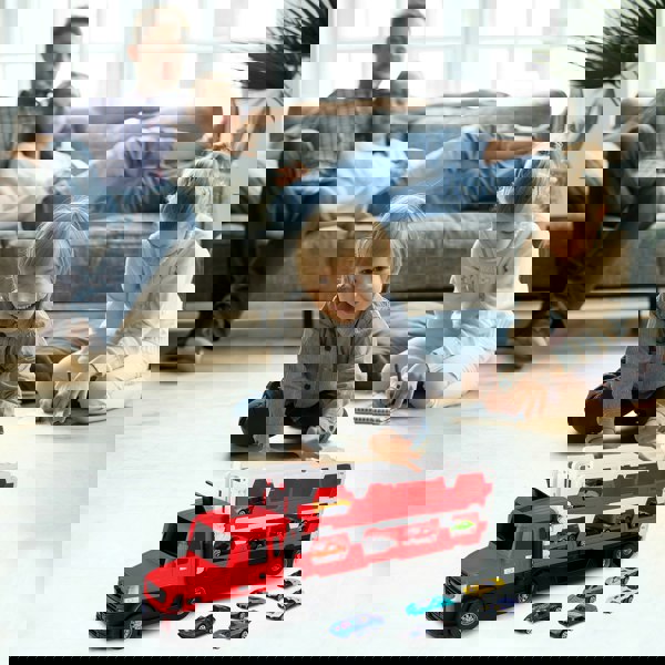 deAO Toys 2-in-1 Alloy Car Transport Truck Toy Set Versatile Foldable Catapult Race Track Set