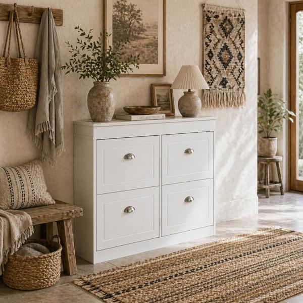 Wyld Haus Sozita Wooden White 4 Flip Drawer Shoe Cabinet With Adjustable Shelves For Entryway