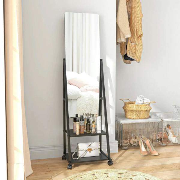 Black rolling full-length dressing mirror with adjustable frame and two storage shelves