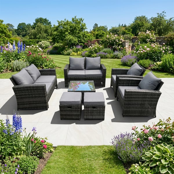 Fimous 8 Seater Dark Grey Mixed High Back Rattan Sofa Set Square Coffee Table Garden Furniture 2 Seater Sofa Chairs Outdoor Patio Stools