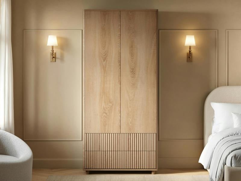 SOLACE+CO Velmor Ribbed Double Wardrobe with Drawers Oak