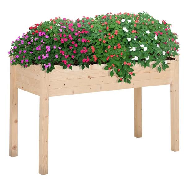 Rectangular wooden raised garden planter with colorful flowers, elevated bed frame