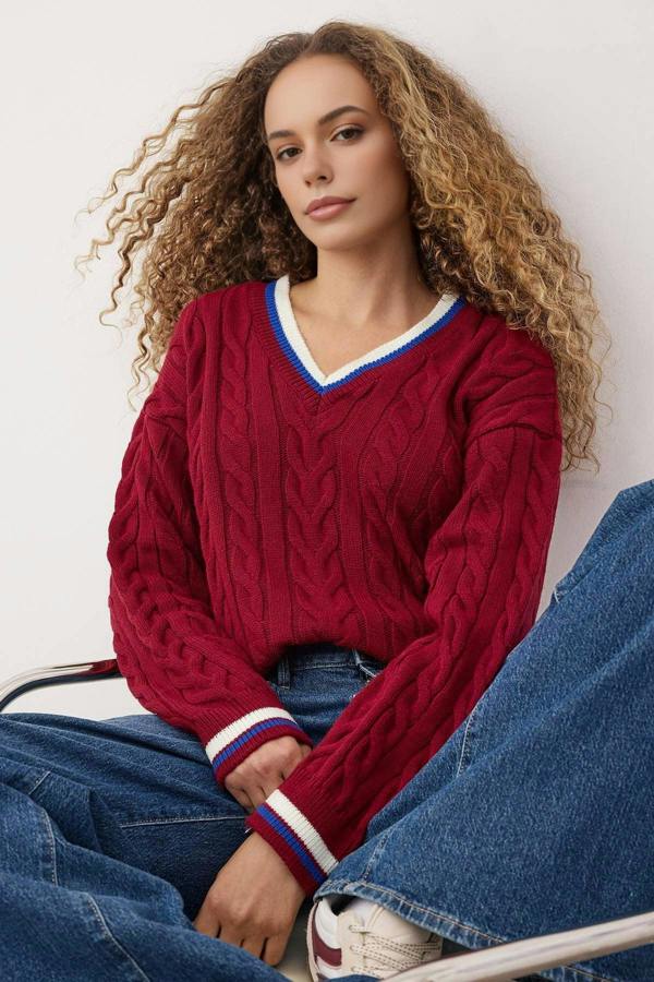 Hoxton Gal Cable Knit Collegiate Sweater