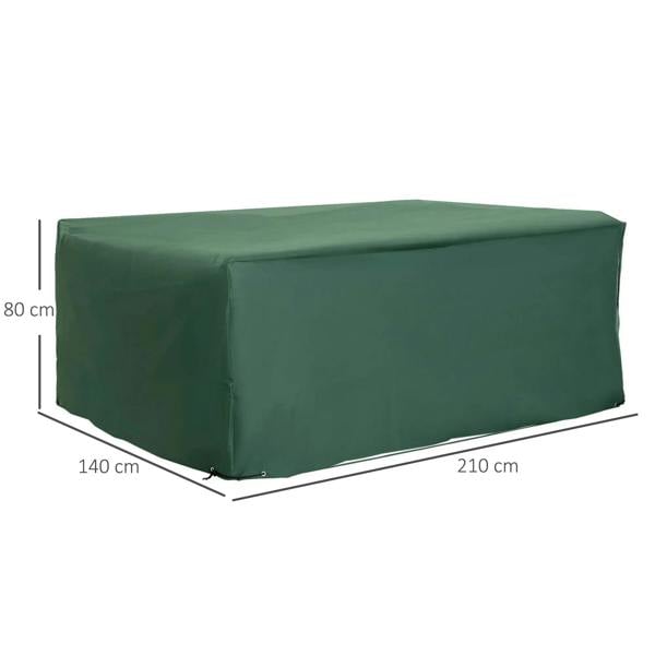 Green rectangular patio furniture cover with corner tie points and draped sides