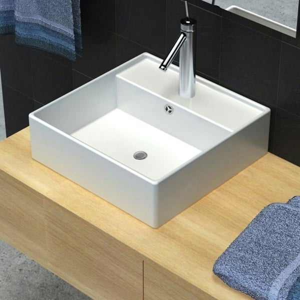 Berkfield Ceramic Basin Square with Overflow and Faucet Hole 41 x 41 cm
