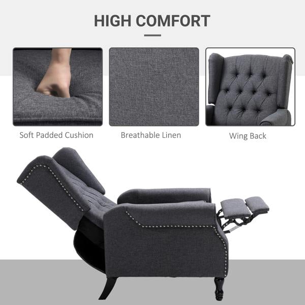 Dark grey upholstered recliner with tufted wing back and padded seat cushions