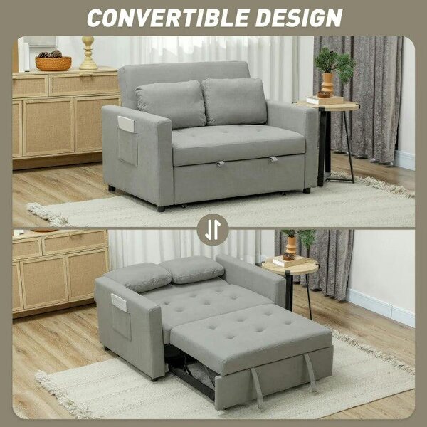 Loveseat Sofa Bed, Convertible Bed Settee with 2 Pillows, Side Pockets, Light Grey