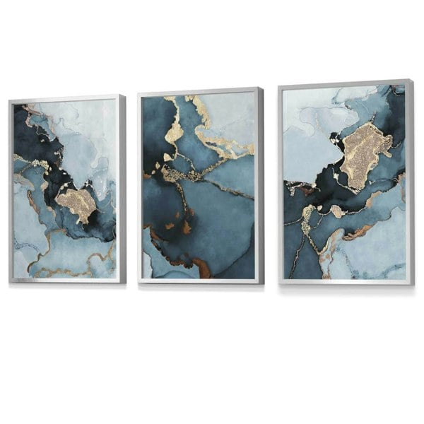 Set of 3 Abstract Teal Blue and Gold Framed Wall Art Prints | Artze Wall Art UK