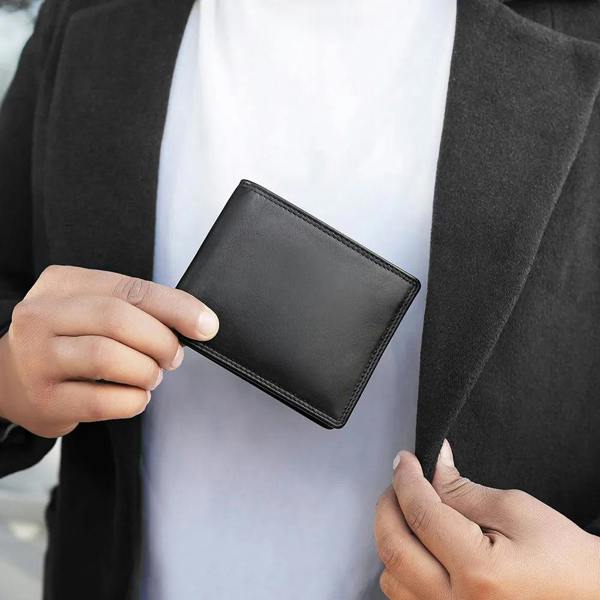 Men holding genuine black leather bifold wallet – lifestyle view