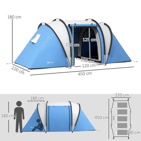 Blue and gray three-section dome tent with interior doorways and height dimensions