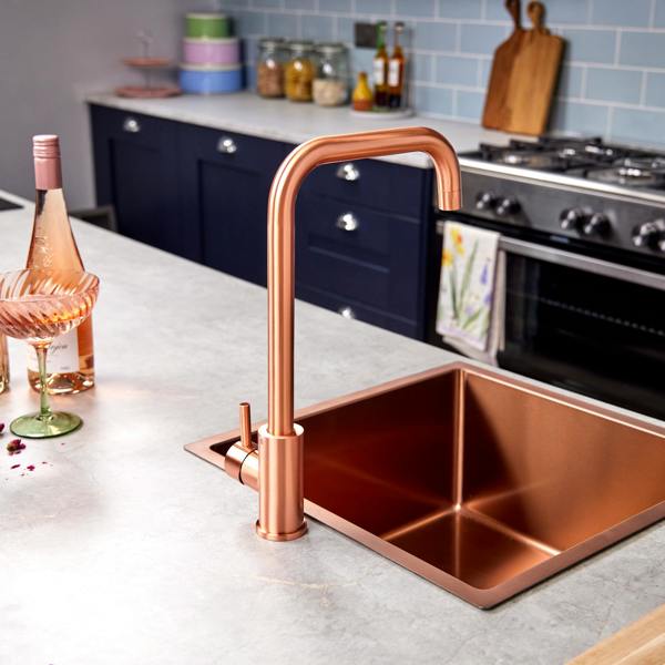 Flode Dellen | Single Lever Kitchen Sink Mixer Tap with Swivel Spout | Square Neck Design | Rose Copper Finish