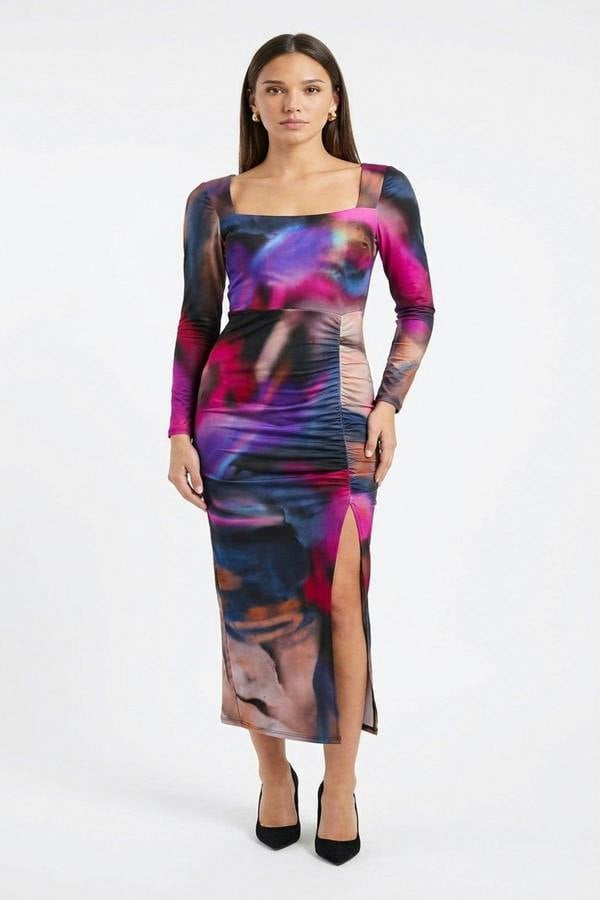 Hana Abstract Printed Long Sleeve Ruched Side Slit Midi Dress - Black
