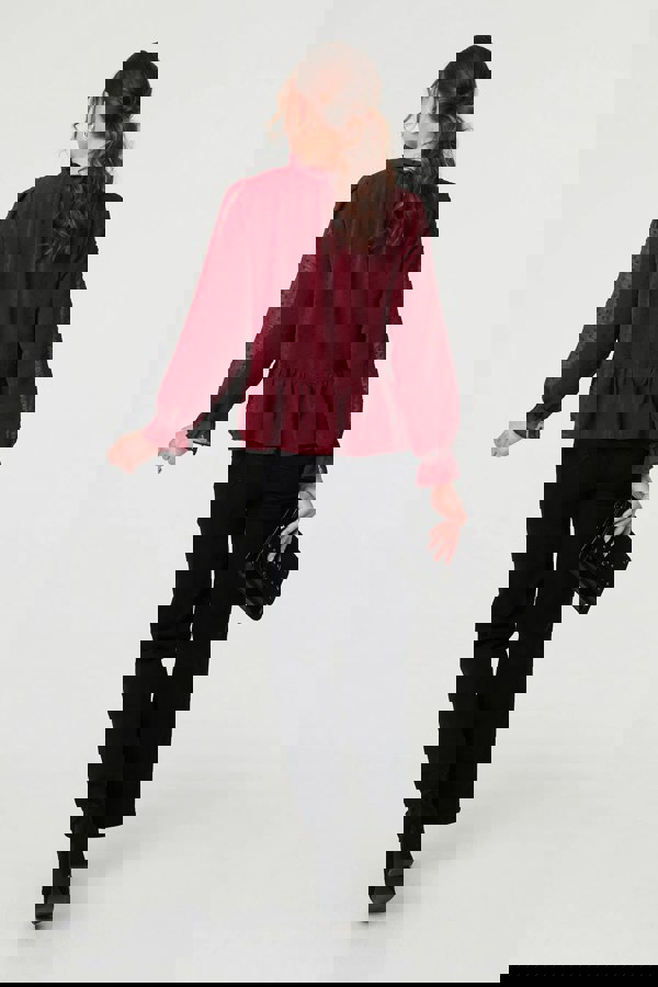 Burgundy | Textured Semi Sheer Frilled Blouse
