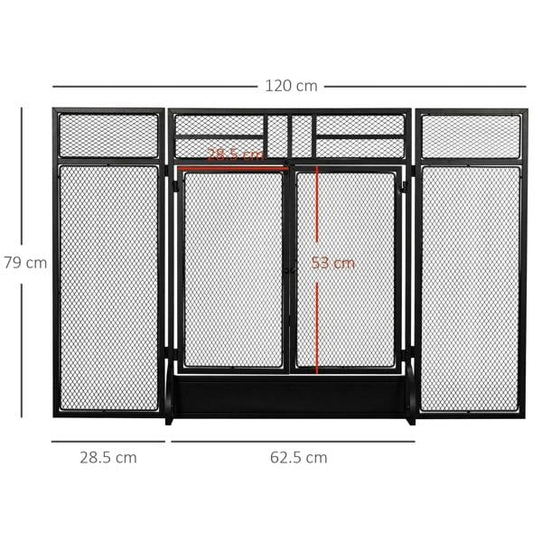Black 3-panel folding fireplace screen with double door, shown with size dimensions