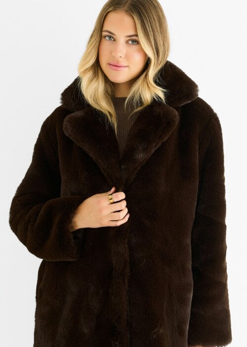 Gini London Chocolate Faux Fur Lapel Collar Longline Coat