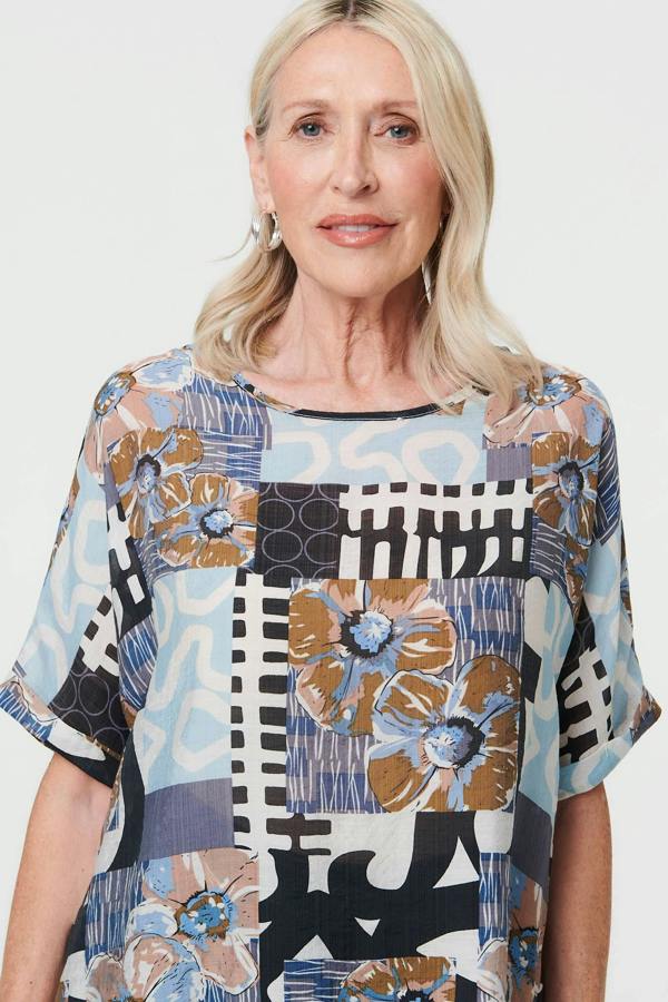 Blue | Patchwork Print 1/2 Sleeve Relaxed Top