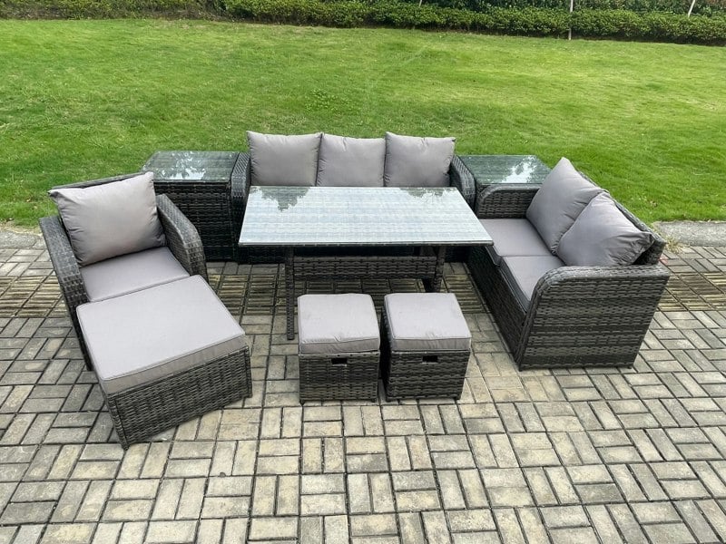 Fimous 9 Piece Garden Rattan Furniture Dining Table Sofa Set Indoor Outdoor with Reclining Chairs 2 Side Tables 3 Footstools Dark Grey Mixed
