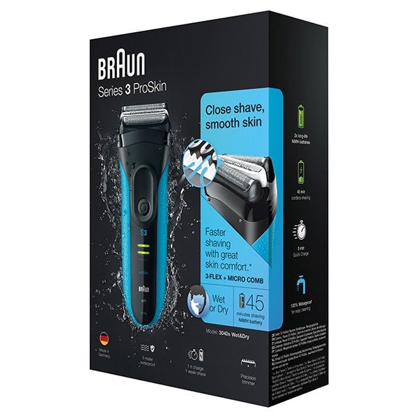 Braun Series 3 ProSkin 3040s Electric Shaver -  Rechargeable Wet & Dry Electric Razor - Black/Blue