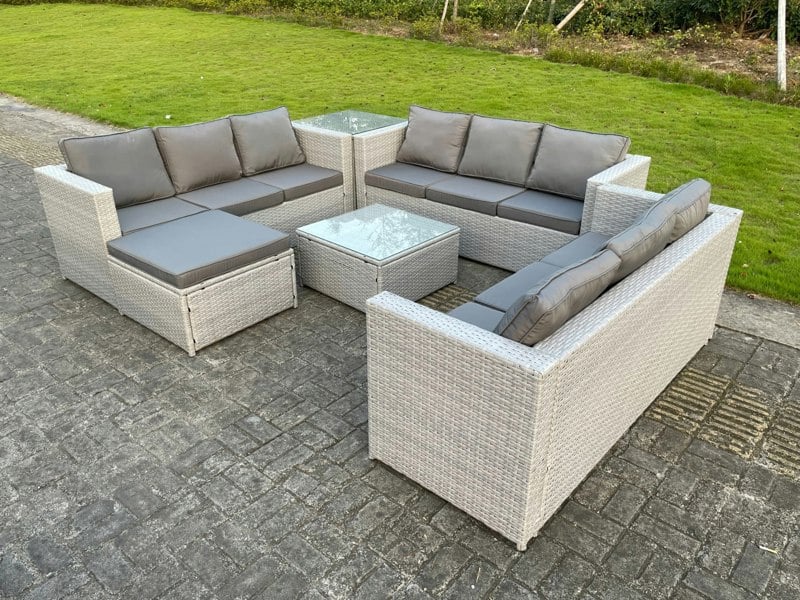 Fimous Light Grey Lounge Outdoor PE Rattan Garden Furniture Set Wicker Sofa Set Square Coffee Table Side Table Footstool