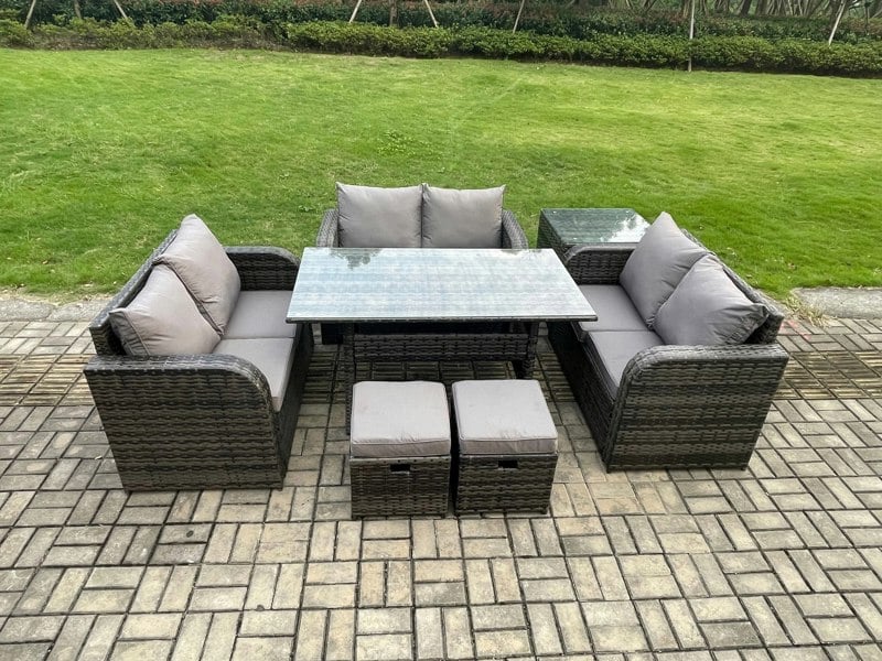 Fimous 8 Seater Outdoor Rattan Garden Furniture Set with Patio Rectangular Dining Table Love Sofa Side Table 2 Small Footstools Dark Grey Mixed
