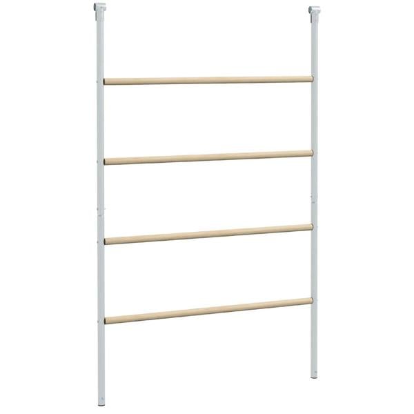 Chicken roosting ladder with four natural wood rungs on light gray metal supports.