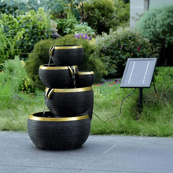 Gardenwize Black and Gold 4-Tier Cascading Solar Water Feature with Battery Backup and LED Lights