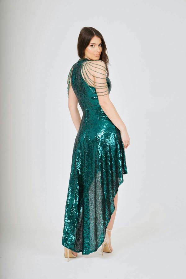 LuvForever Emerald Jewel Shoulder Hi-Lo Sequin Dress