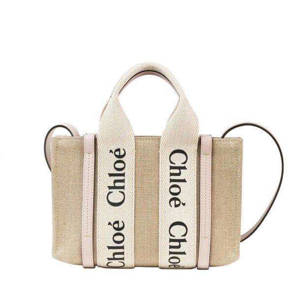 Chloé &nbsp;tote bag in linen canvas &amp; cement pink leather with Chloé logo webbing