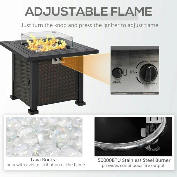 Black fire pit table with adjustable flame knob and glass wind guard flames