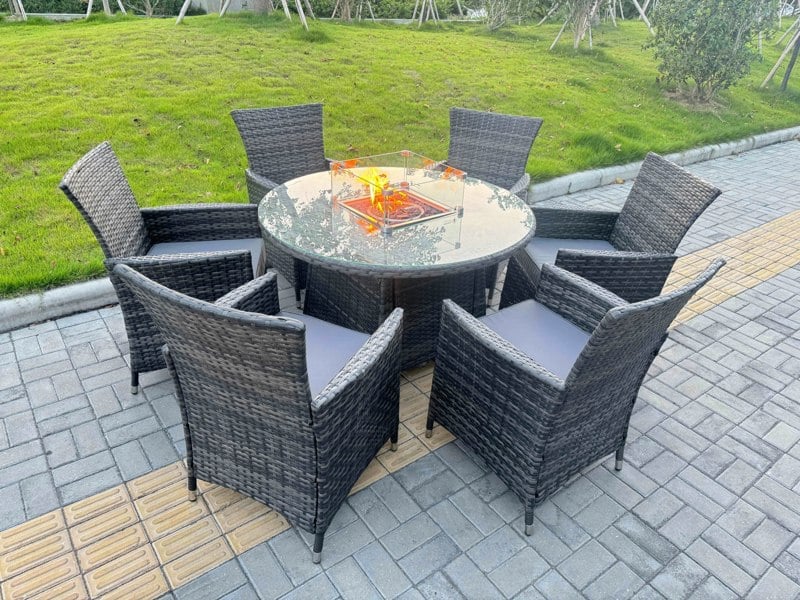 Fimous 7-Piece PE Rattan Garden Furniture with Big Round Gas Fire Pit Table and 6 Chairs for Patio Dark Grey Mixed