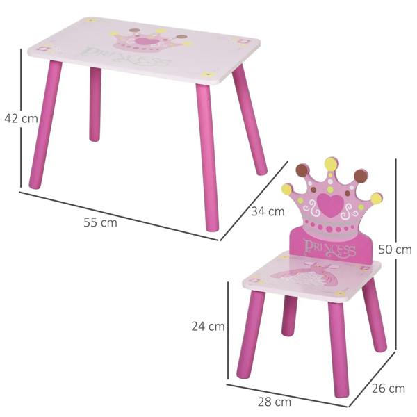 Kids table and chair set with princess crown motif, pink legs and matching chair seat