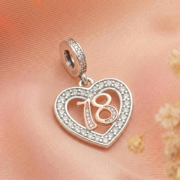 Parus Home 18th Birthday Charm Pandora Compatible 925 Sterling Silver Heart Dangle, Daughter Milestone Gift