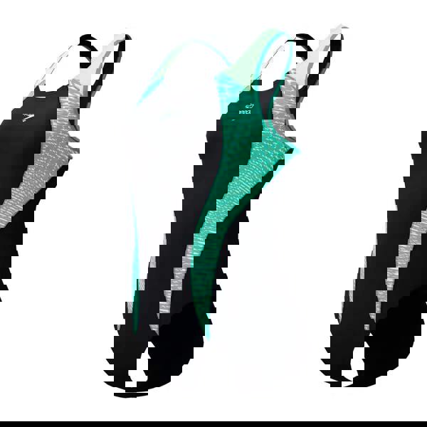 Speedo Placement Laneback Swimsuit in black and teal with textured sides