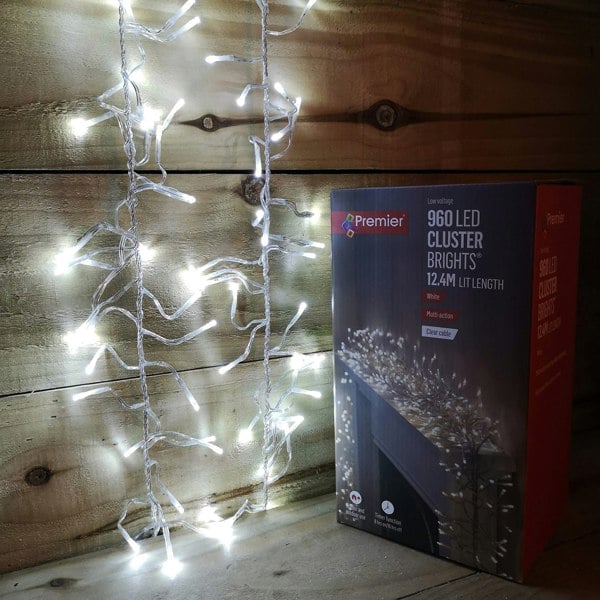 Samuel Alexander 960 LED 12m Premier Cluster Indoor Outdoor Multi Function Mains Operated Christmas Lights with Timer on Clear Cable in Cool White