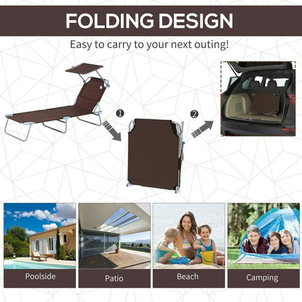 Foldable brown sun lounger chair with sun shade awning, shown folded for transport