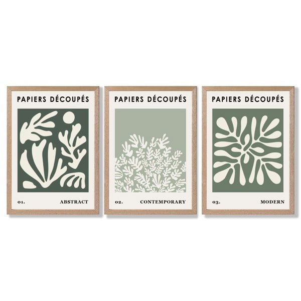 Matisse Floral Set of 3 in Green and Sage Framed Art Prints with Light Oak Frames