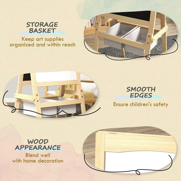 Wooden kids art easel with storage basket shelf and smooth edges
