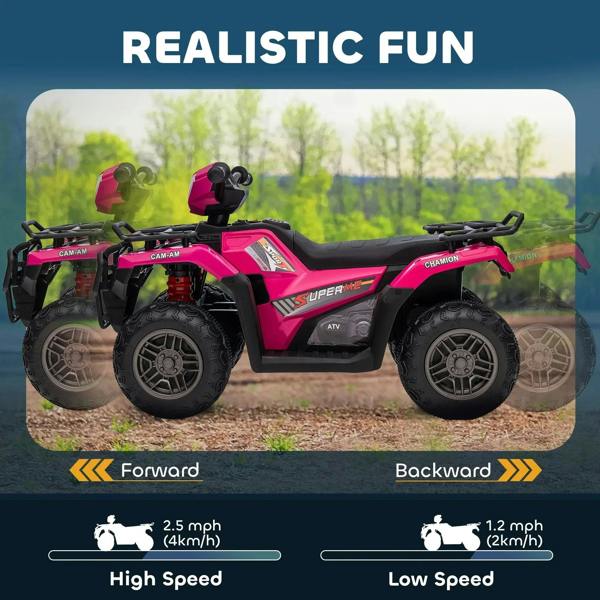 Pink kids ride-on ATV side view with LED headlights and four chunky tires