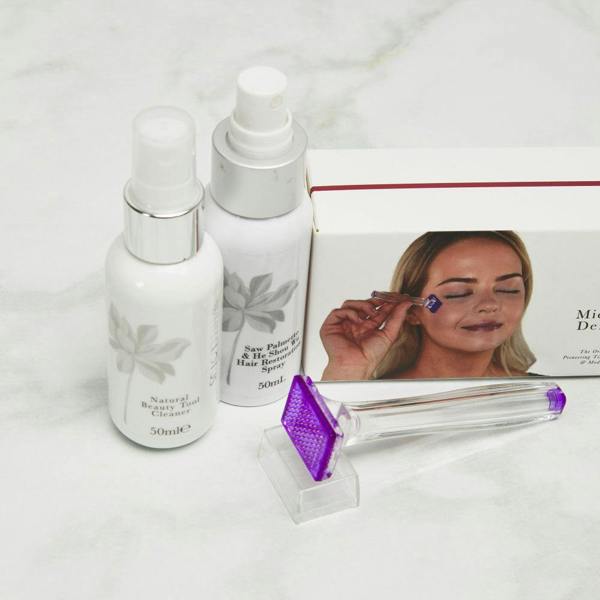 White Lotus Beauty Hair Loss Skin Needling Kit with Derma Stamp, Hair Thickening Spray, Saw Palmetto and He Shou Wu 