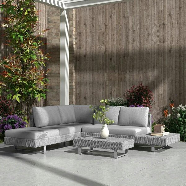 Three-Piece Rattan Sofa Set, with Cushions - Light Grey
